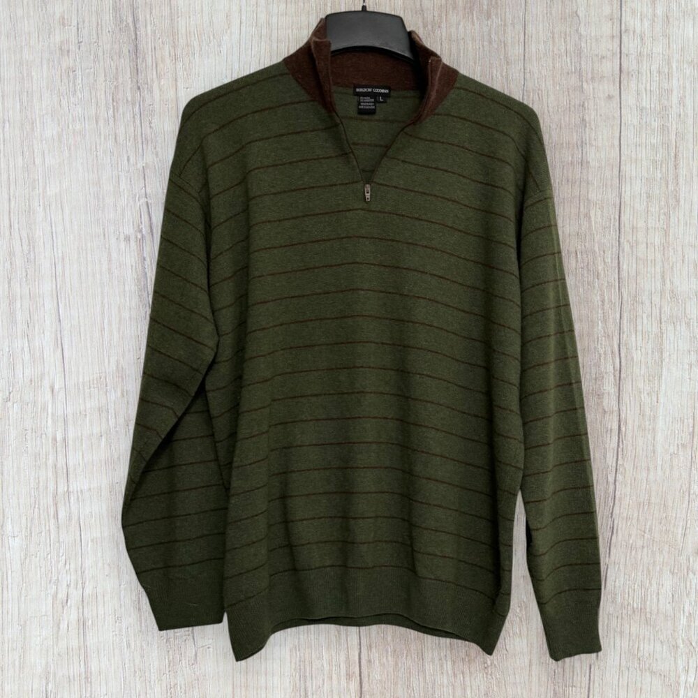 Bergdorf Goodman Wool Cashmere Quarter Zip Sweater Green Brown Striped L